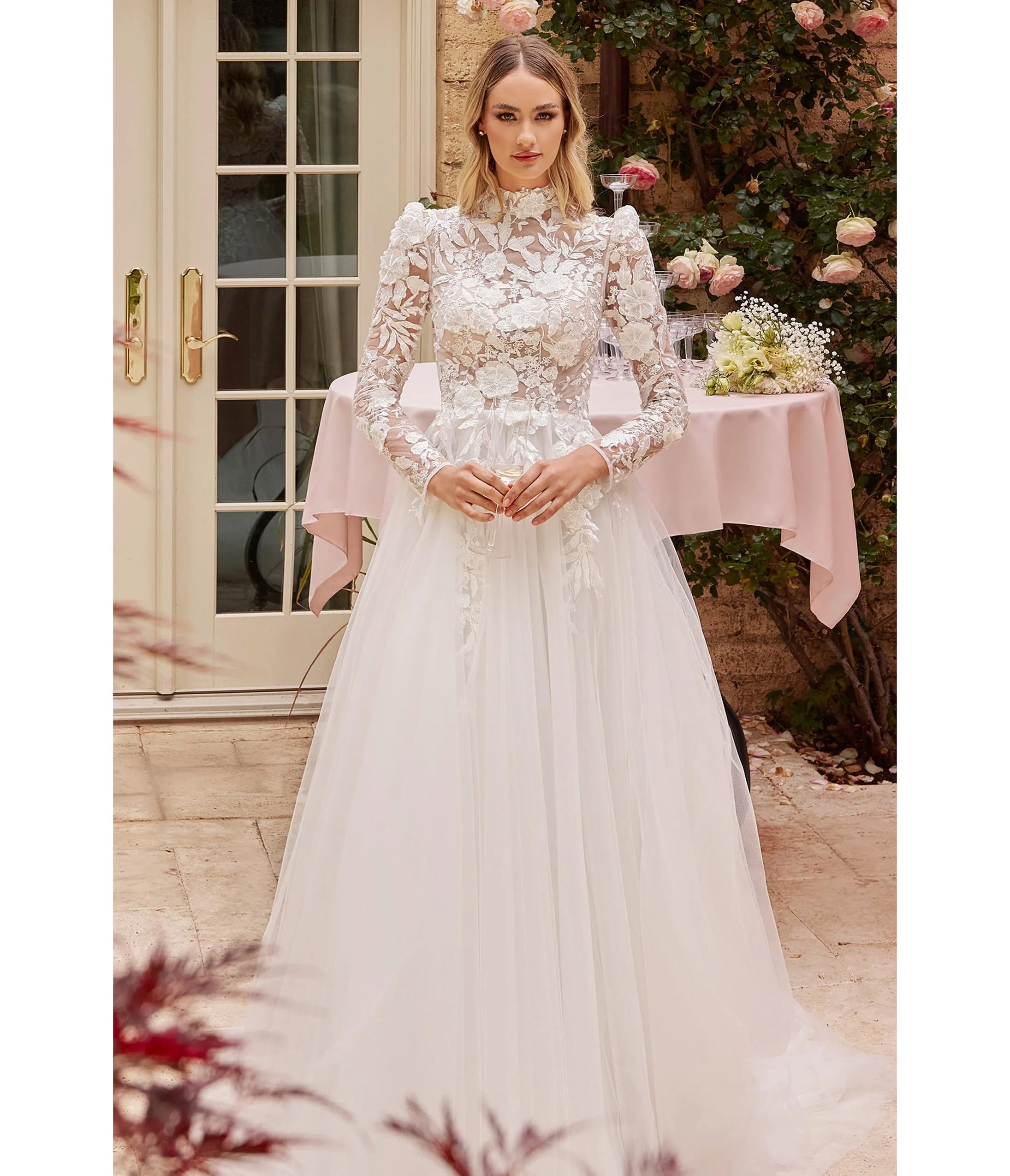 Cinderella Divine Off White Floral Long Sleeve Wedding Ball Gown sold by Unique Vintage