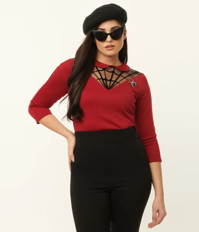 Unique Vintage Burgundy Spiderweb Widow Top sold by Unique Vintage