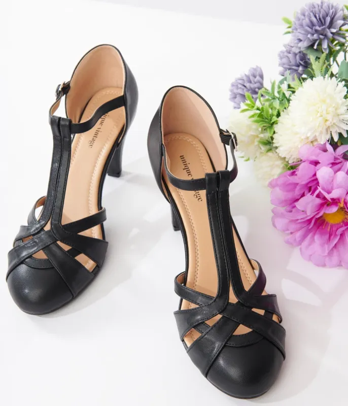 Unique Vintage 1920s Black Leatherette Woven T-Strap Heels sold by Unique Vintage