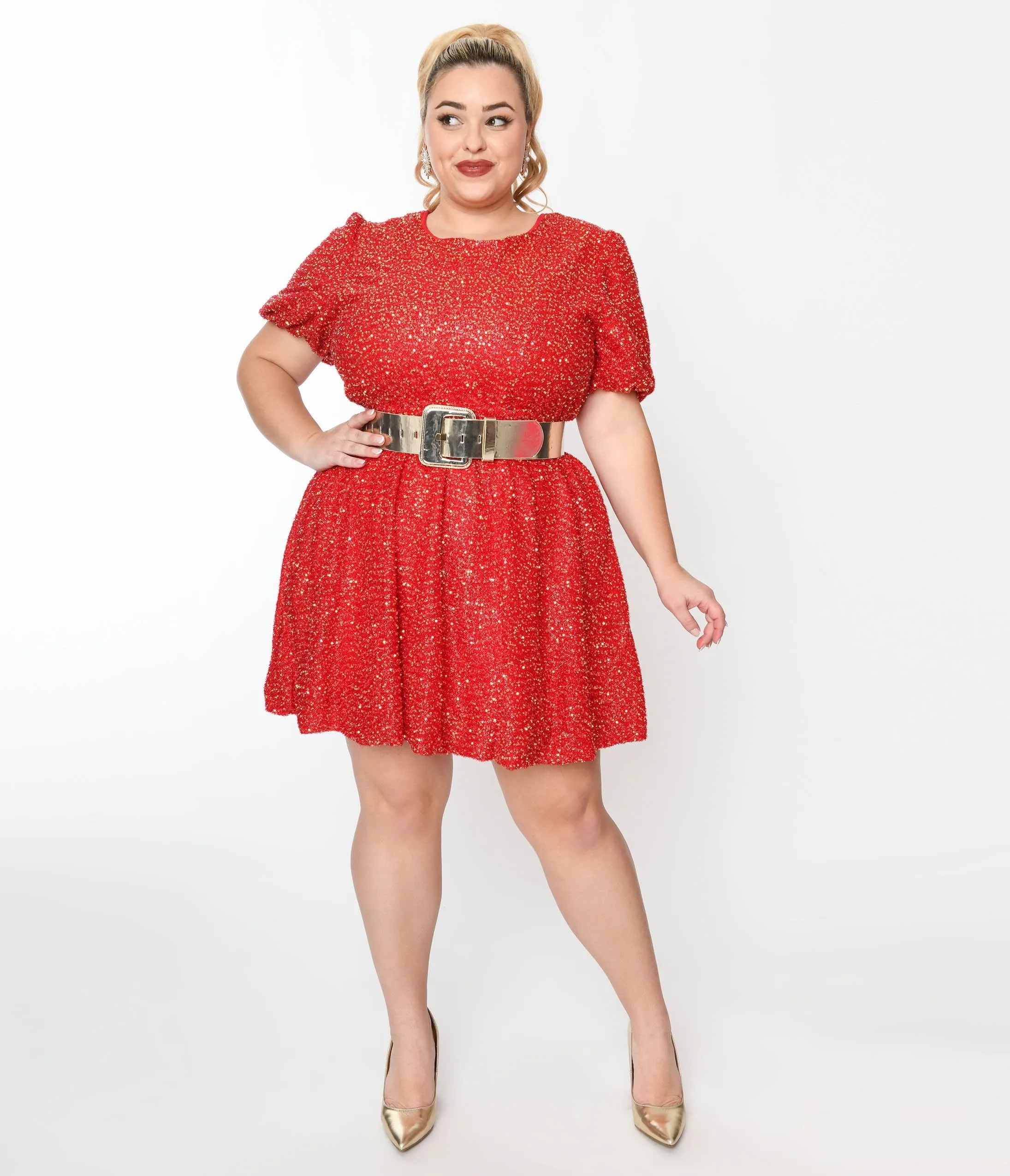 Red Sequin Puff Sleeve Flare Dress sold by Unique Vintage