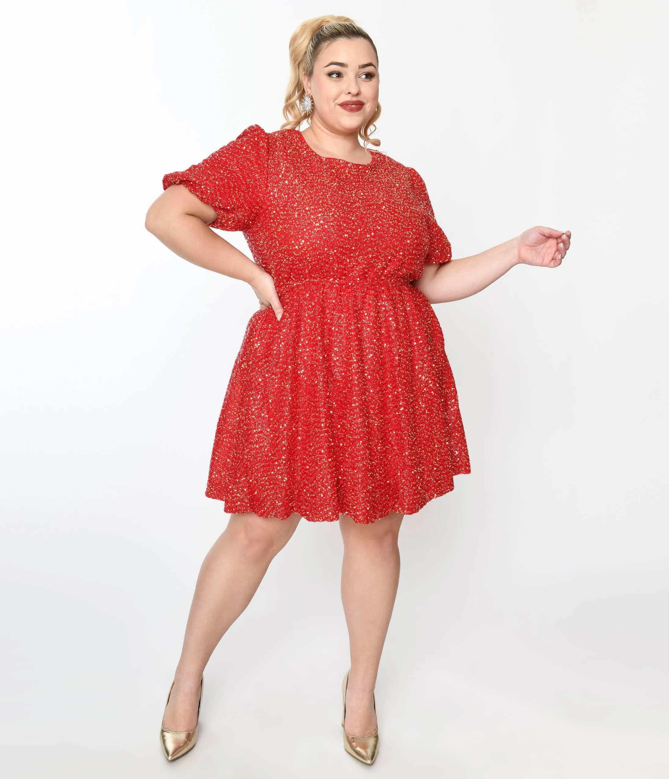 Red Sequin Puff Sleeve Flare Dress sold by Unique Vintage product image thumbnail 2