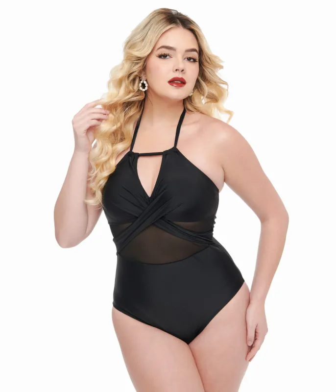 Black Mesh Halter One Piece Swimsuit sold by Unique Vintage
