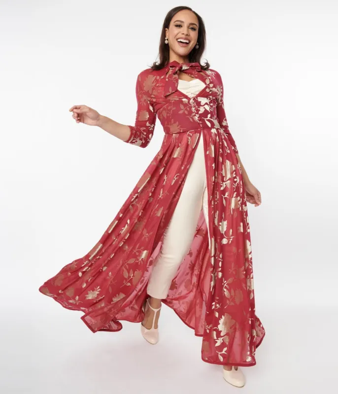 Unique Vintage Berry & Gold Devore Velvet Tallullah Duster sold by Unique Vintage