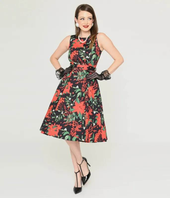 Black & Red Poinsettia Swing Dress sold by Unique Vintage