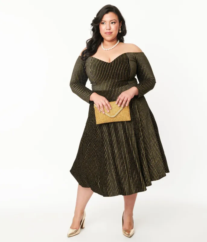 Plus Size Collectif Black & Gold Glitter Striped Anjelica Swing Dress sold by Unique Vintage