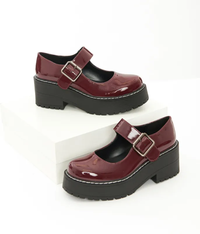 Burgundy Patent Leatherette Platform Mary Jane Heels sold by Unique Vintage