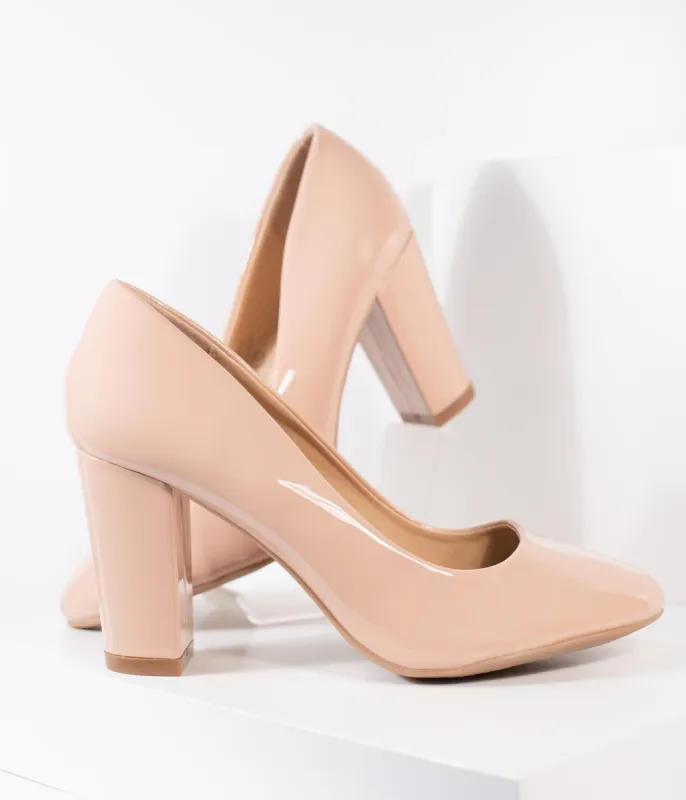 Blush Pink Patent Leatherette Block Heel Pumps sold by Unique Vintage