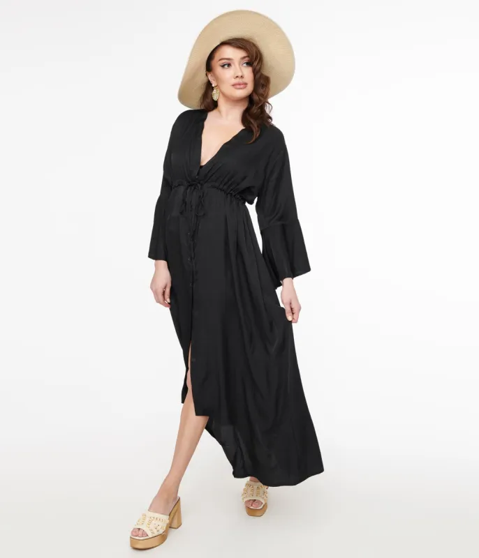 1970s Black Long Swim Coverup sold by Unique Vintage