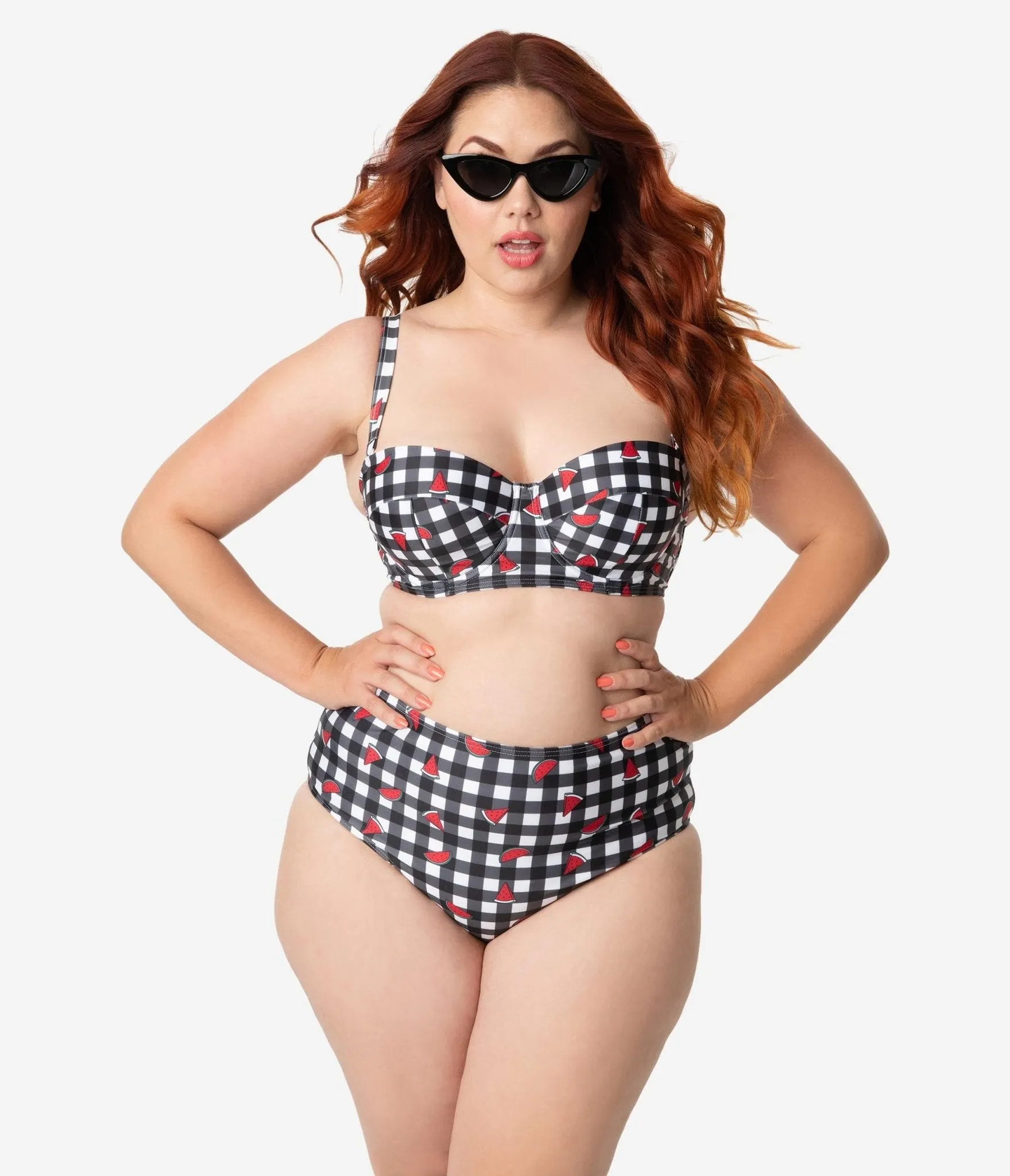 Collectif x Playful Promises Black & White Gingham Watermelon Print Swim Bottoms sold by Unique Vintage