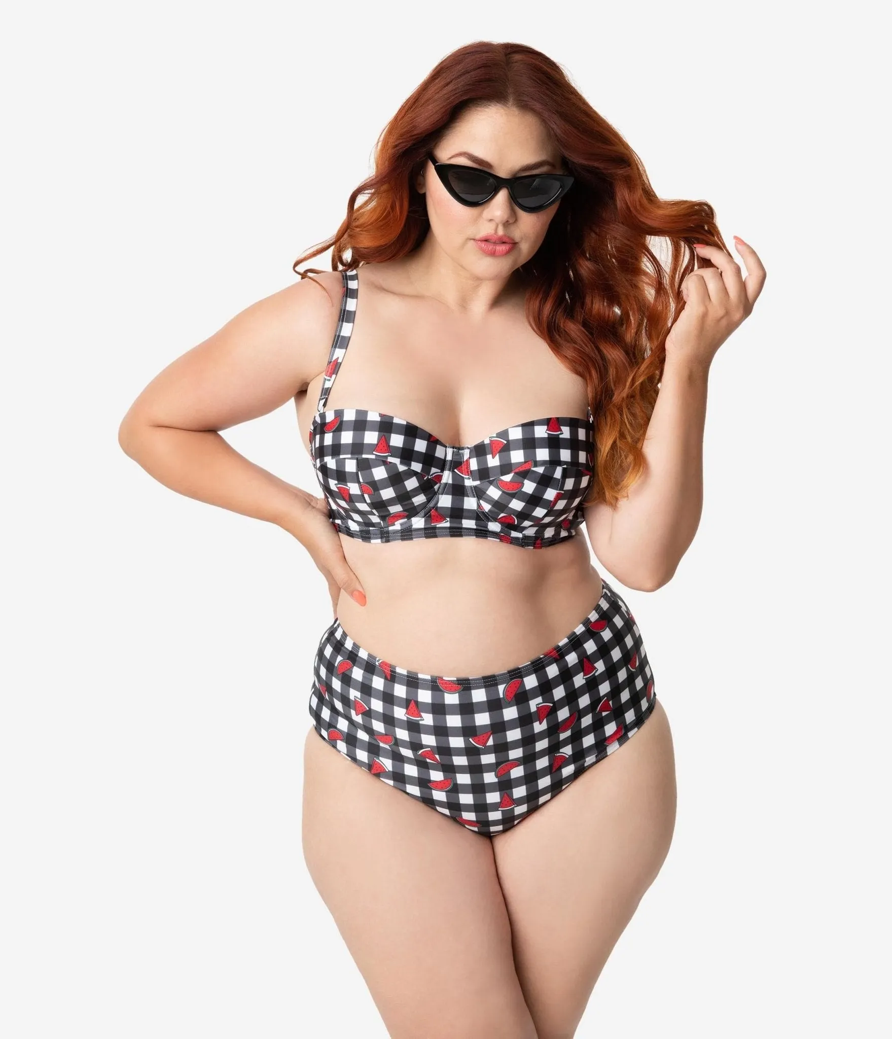 Collectif x Playful Promises Black & White Gingham Watermelon Print Swim Bottoms sold by Unique Vintage product image thumbnail 5