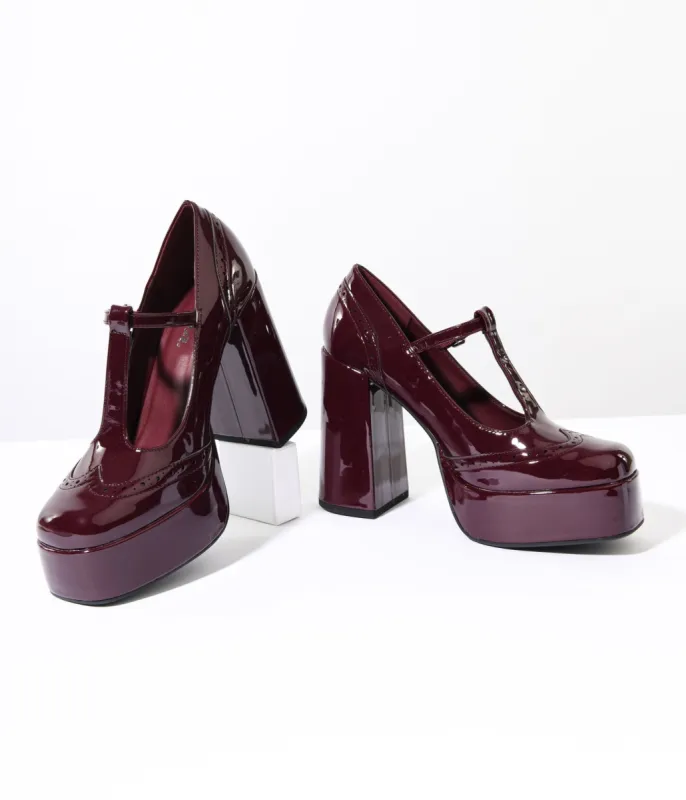 1920s Burgundy Patent Leatherette T-Strap Platform Mary Jane Heels made by Unique Vintage