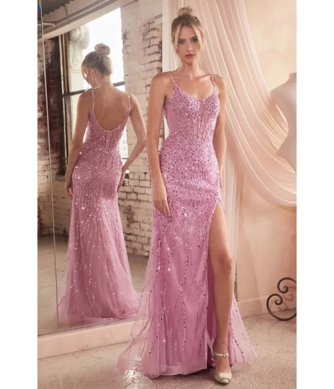 Ladivine by Cinderella Divine Blossom Pink Sequin Beaded High Slit Fitted Prom Gown sold by Unique Vintage