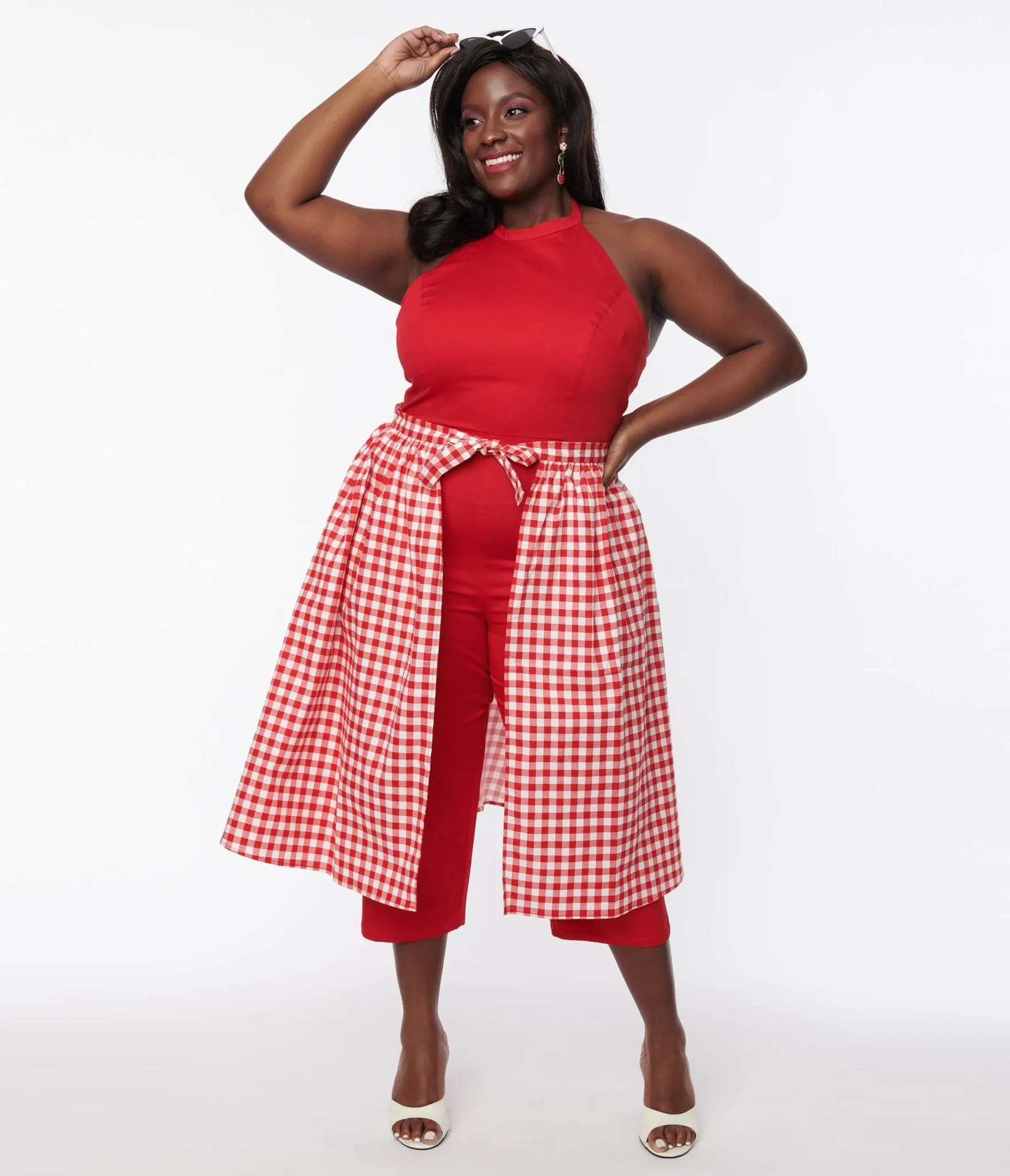 Collectif Plus Size Red Gingham Skirted Midge Jumpsuit Set sold by Unique Vintage