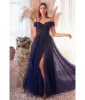 Cinderella Divine  Navy Glitter Tulle Off The Shoulder Applique Slit Gown sold by Unique Vintage