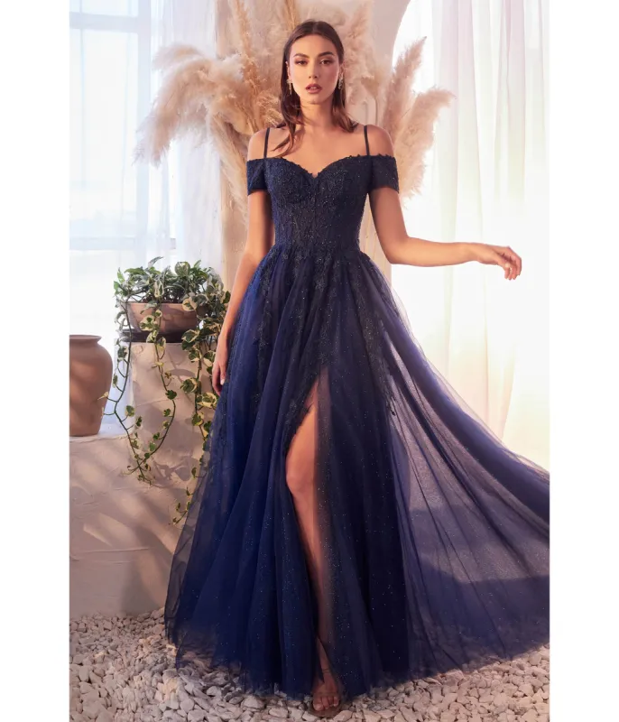 Cinderella Divine  Navy Glitter Tulle Off The Shoulder Applique Slit Gown sold by Unique Vintage