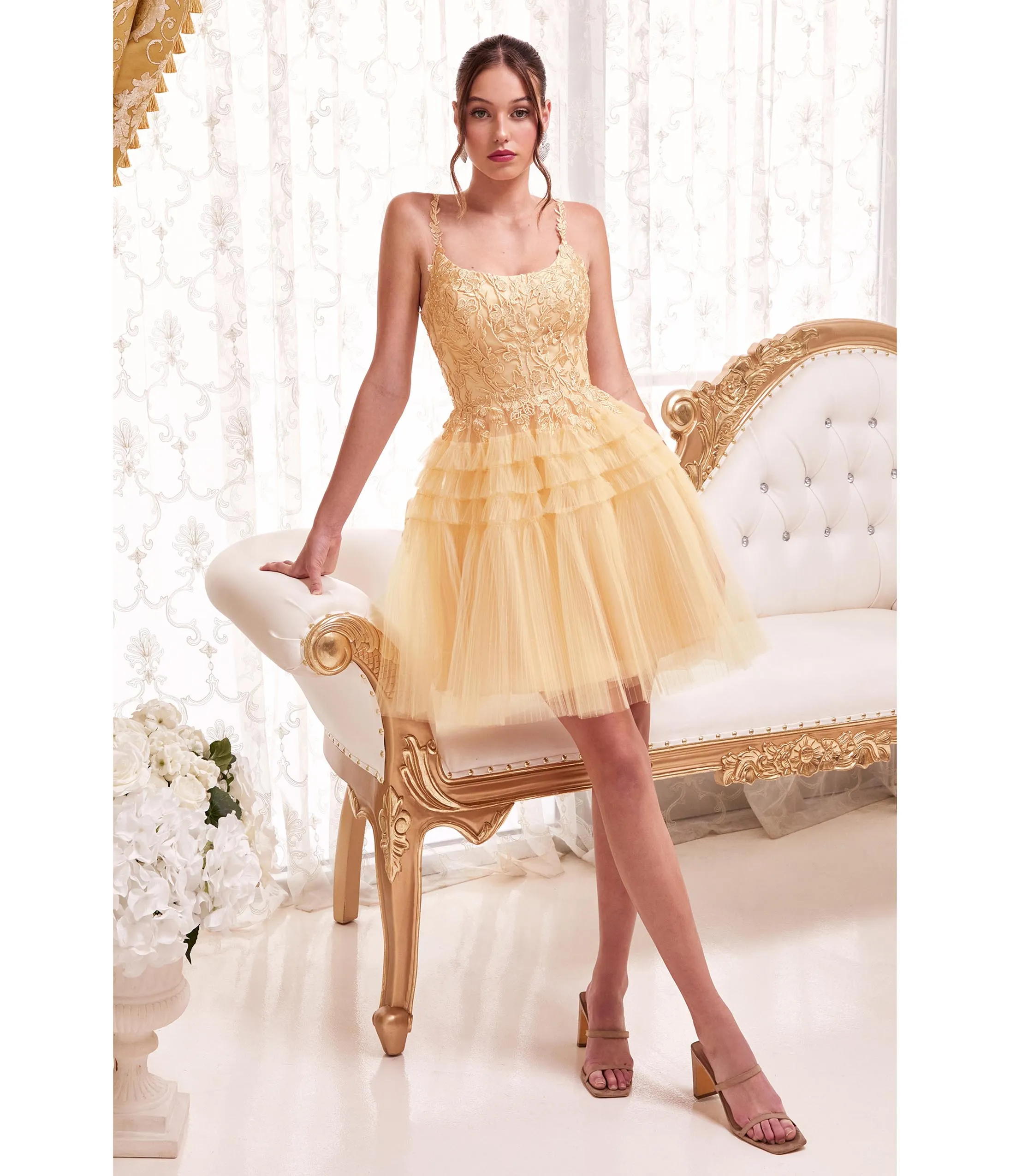 Cinderella Divine Champagne Gold Floral Applique & Tiered Tulle Cocktail Dress sold by Unique Vintage
