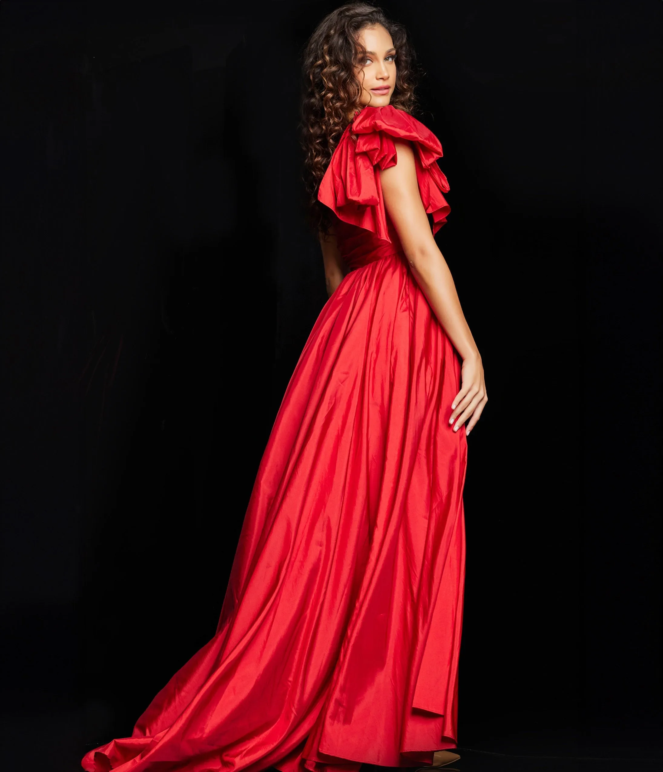 Jovani Red Bow One Shoulder Slit Evening Gown sold by Unique Vintage product image thumbnail 2