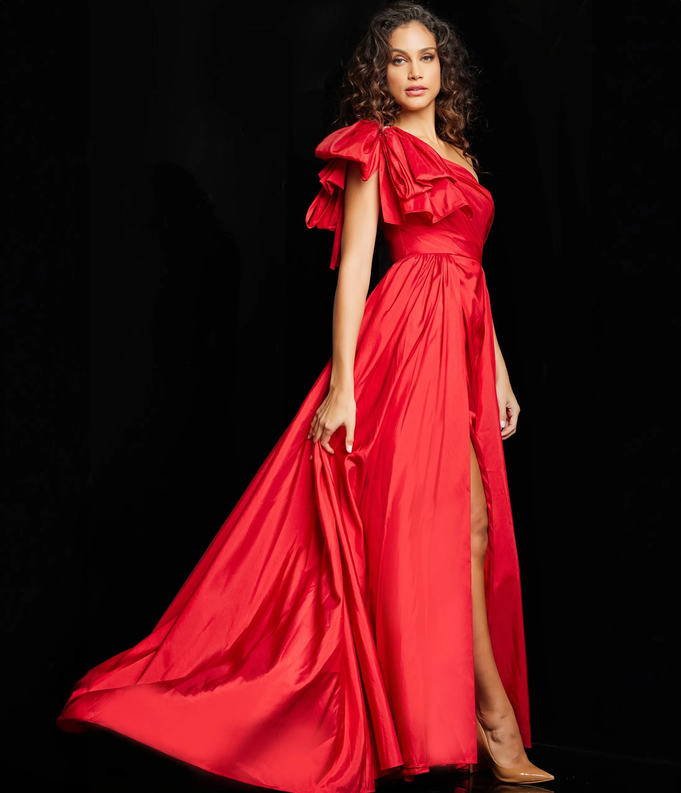 Jovani Red Bow One Shoulder Slit Evening Gown sold by Unique Vintage product image thumbnail 3