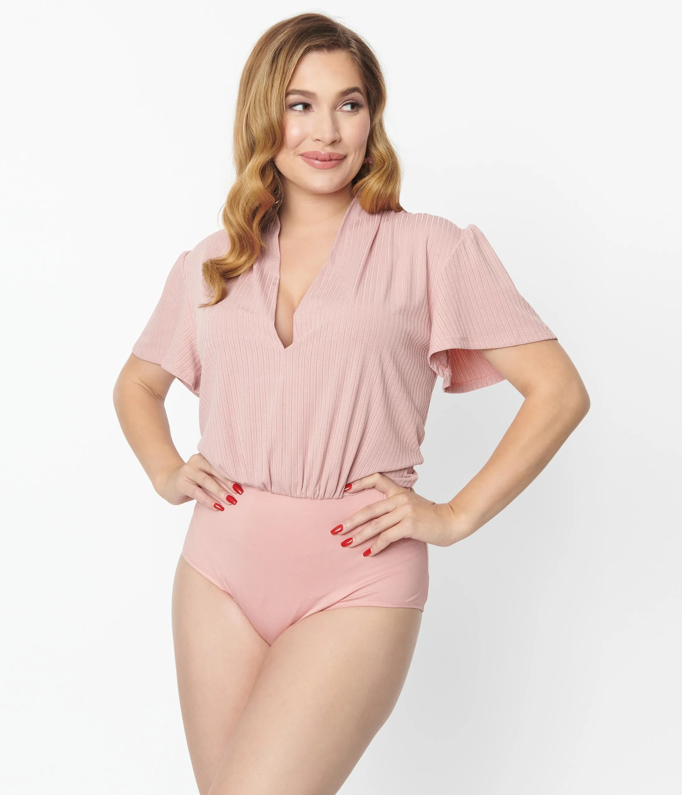 Unique Vintage 1970s Rose Pink Pointelle Flutter Sleeve Bodysuit sold by Unique Vintage product image thumbnail 2