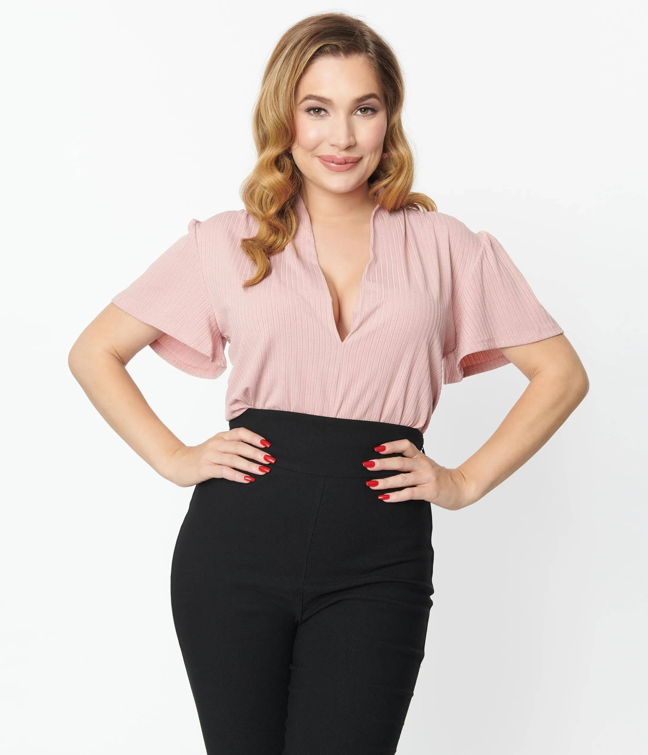 Unique Vintage 1970s Rose Pink Pointelle Flutter Sleeve Bodysuit sold by Unique Vintage