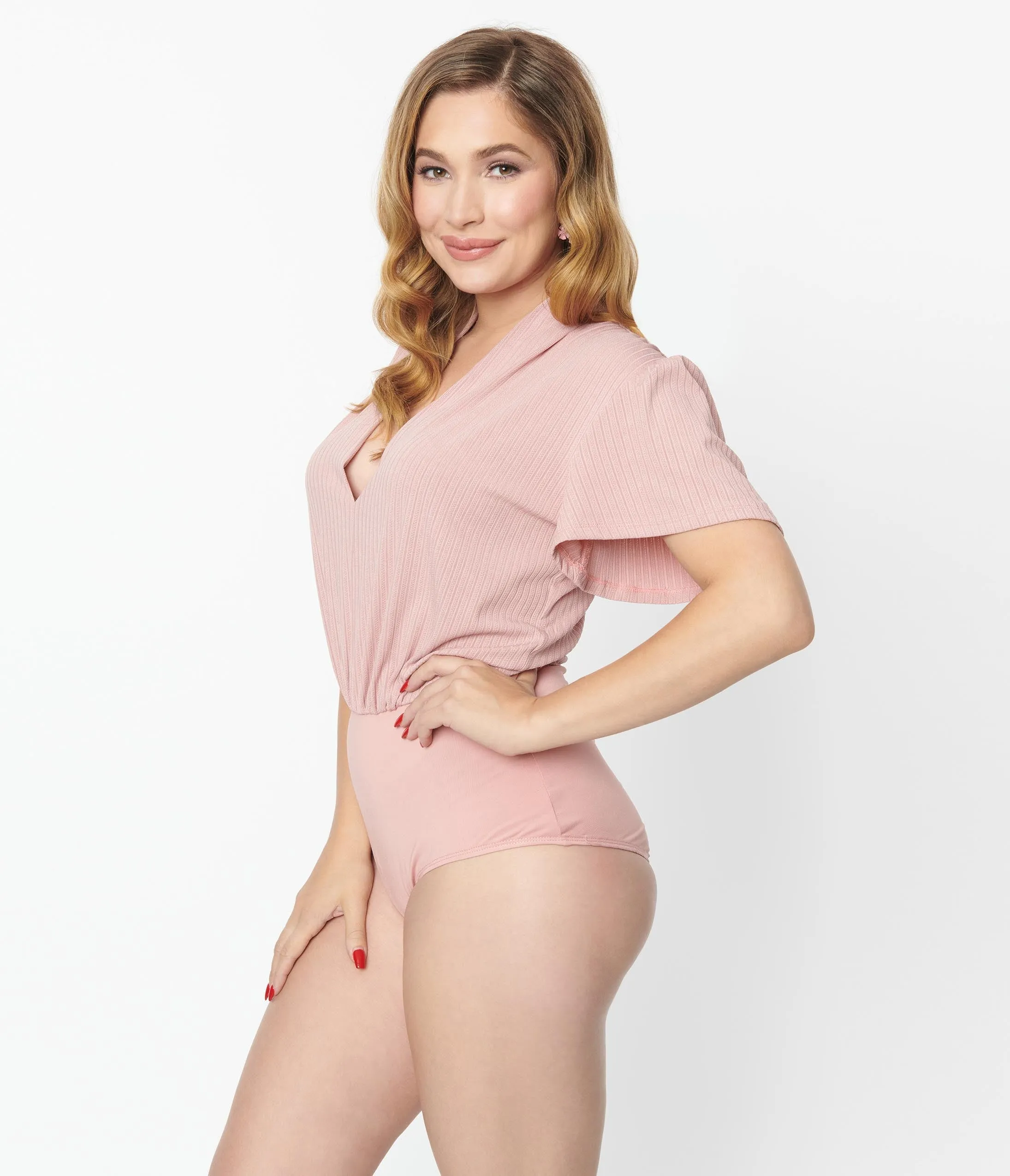 Unique Vintage 1970s Rose Pink Pointelle Flutter Sleeve Bodysuit sold by Unique Vintage product image thumbnail 5