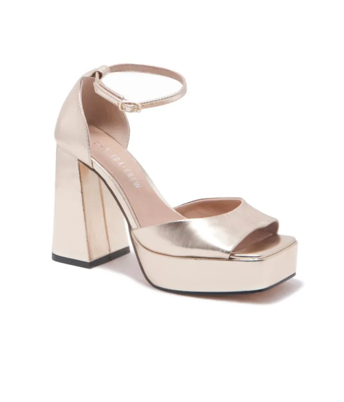 Chelsea Crew 1970s Gold Platform Chaser Heels sold by Unique Vintage