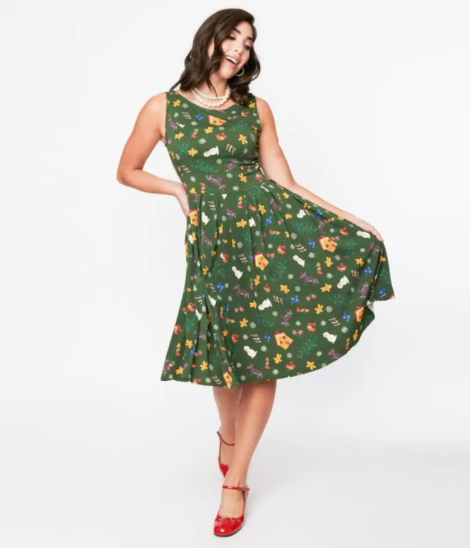Forest Green Holiday Print Swing Dress sold by Unique Vintage