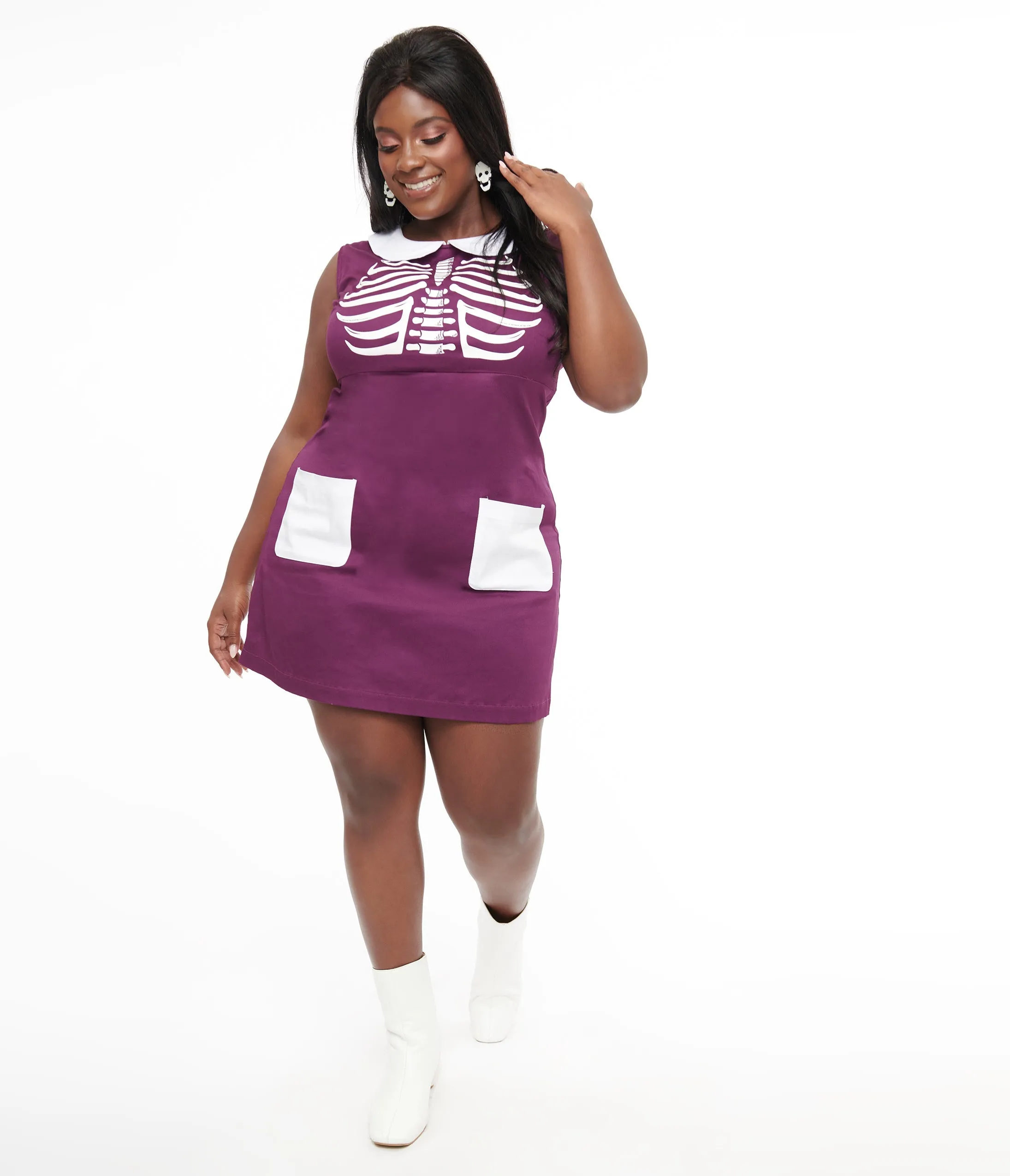 Smak Parlour Plus Size 1960s Purple & White Skeleton Power Mini Dress sold by Unique Vintage