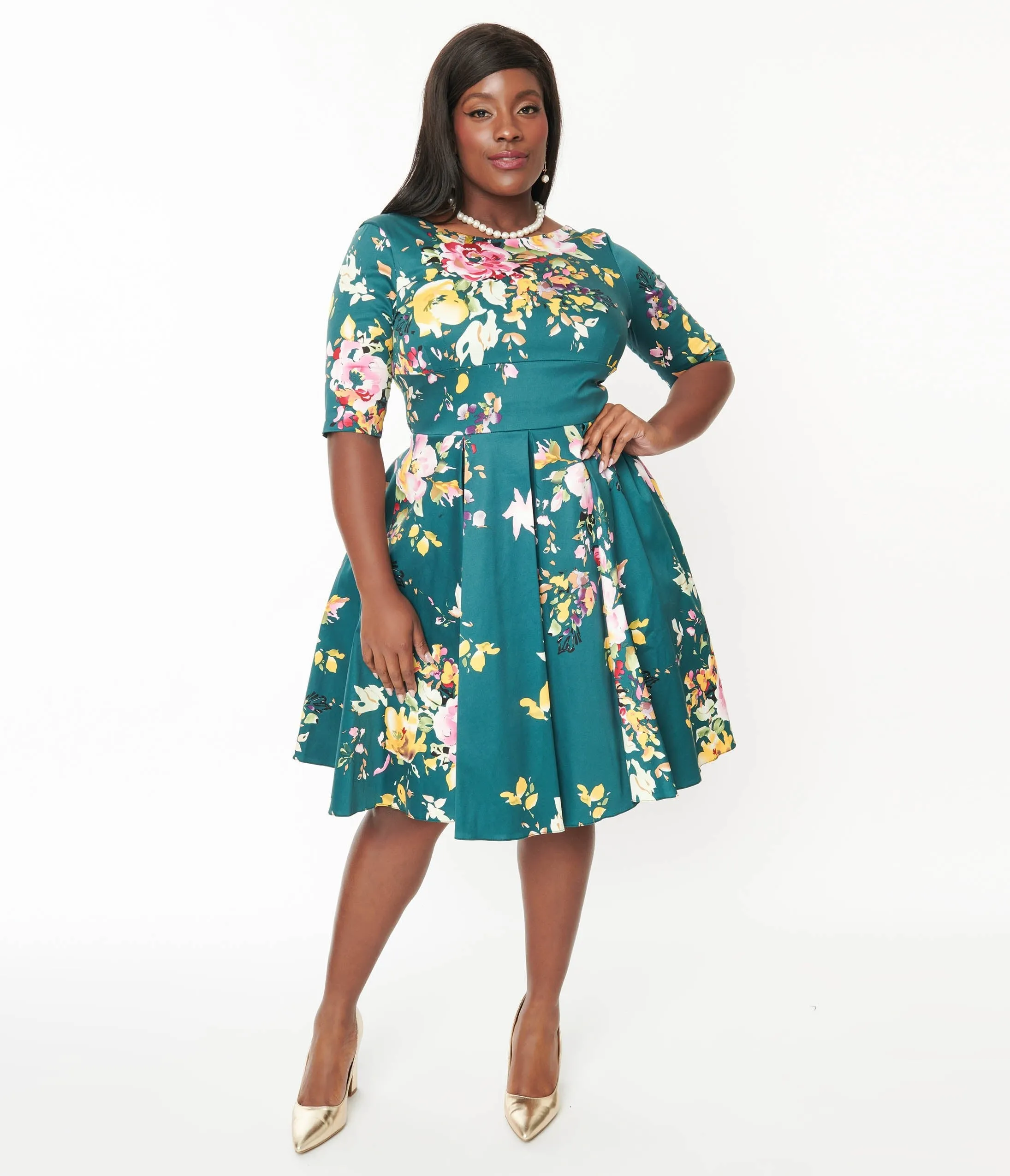 Forest Green & Pastel Floral Seville Swing Dress sold by Unique Vintage