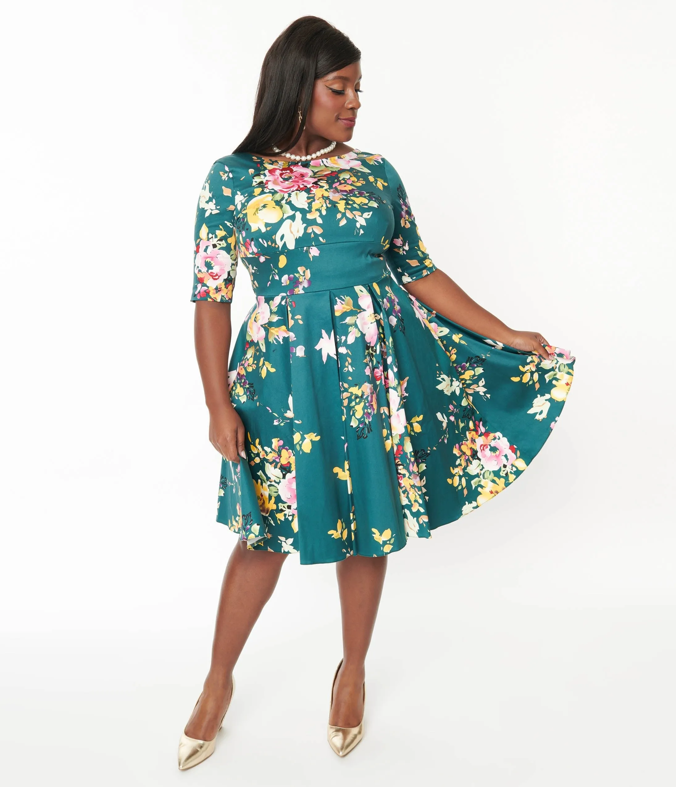 Forest Green & Pastel Floral Seville Swing Dress sold by Unique Vintage product image thumbnail 2