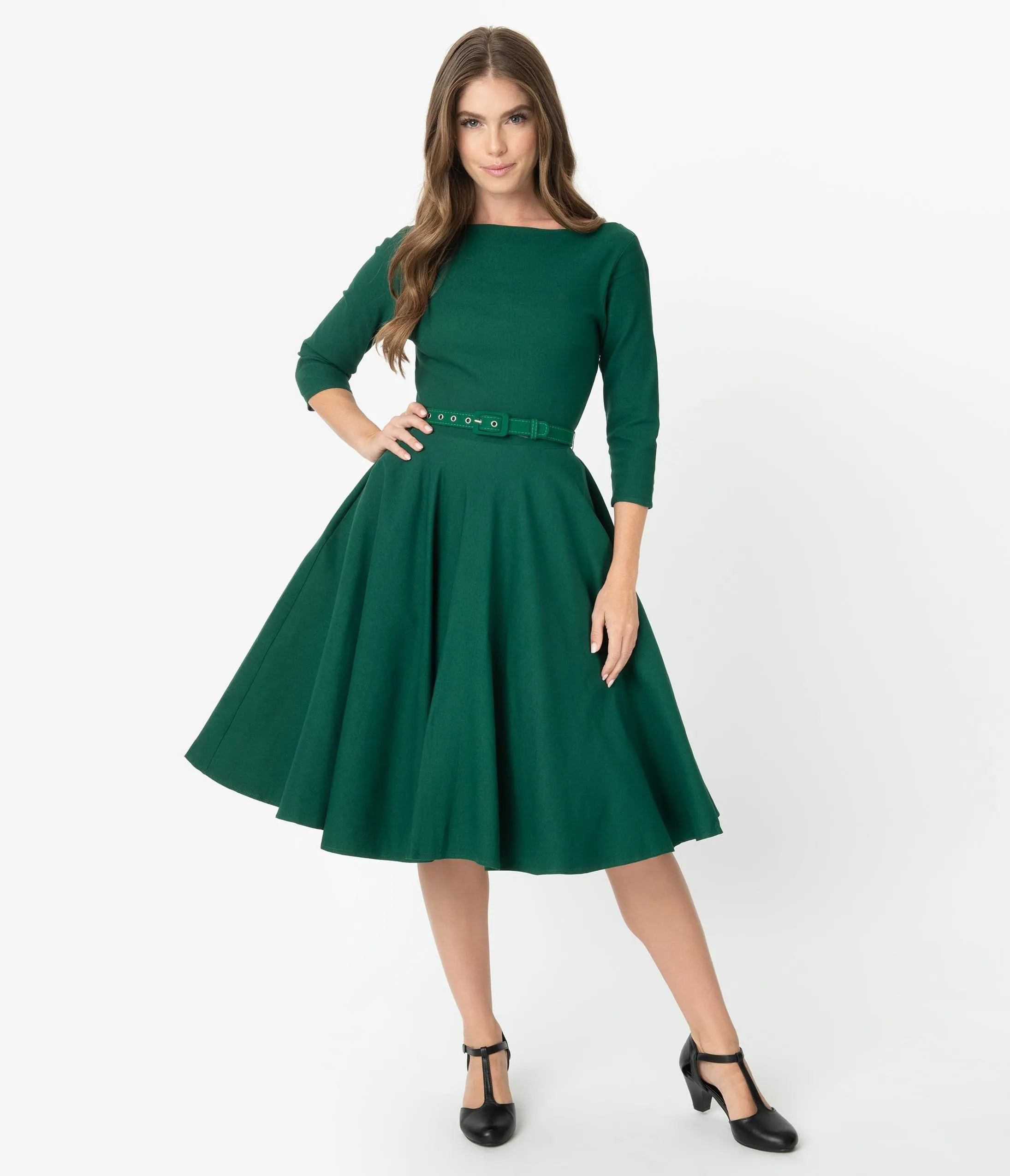 Unique Vintage 1950s Style Emerald Green Stretch Sleeved Devon Swing Dress sold by Unique Vintage product image thumbnail 3