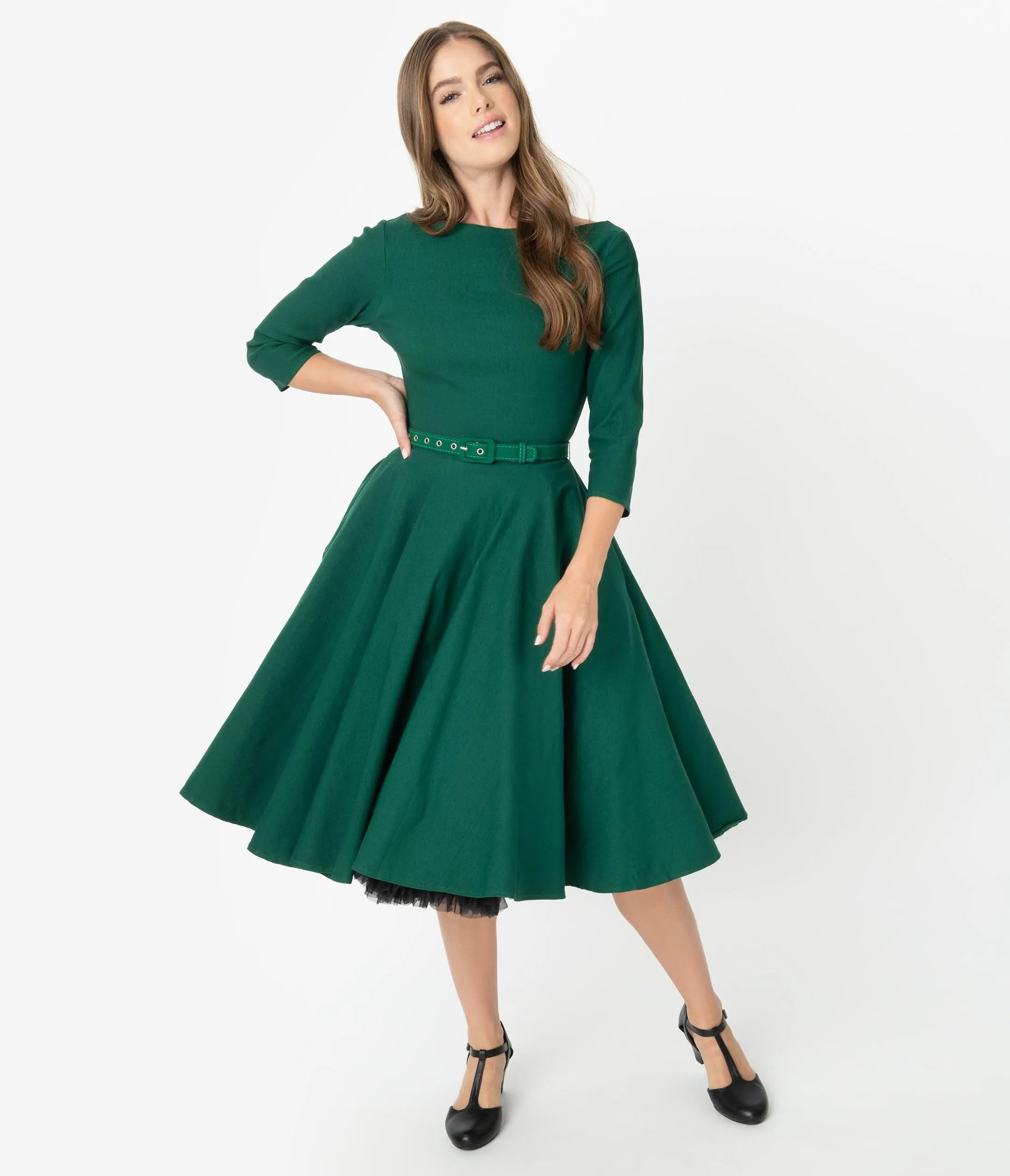 Unique Vintage 1950s Style Emerald Green Stretch Sleeved Devon Swing Dress sold by Unique Vintage product image thumbnail 4
