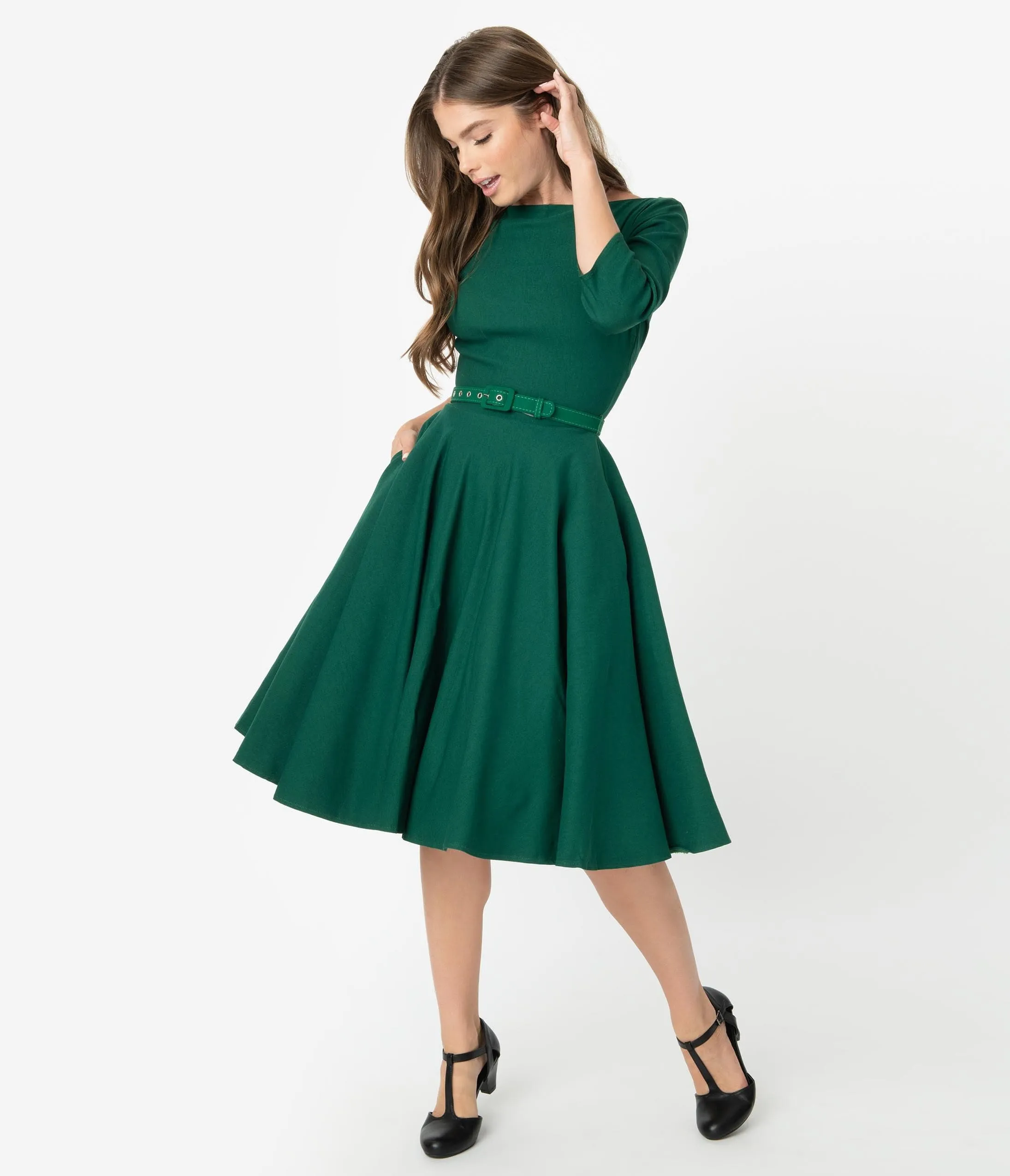 Unique Vintage 1950s Style Emerald Green Stretch Sleeved Devon Swing Dress sold by Unique Vintage