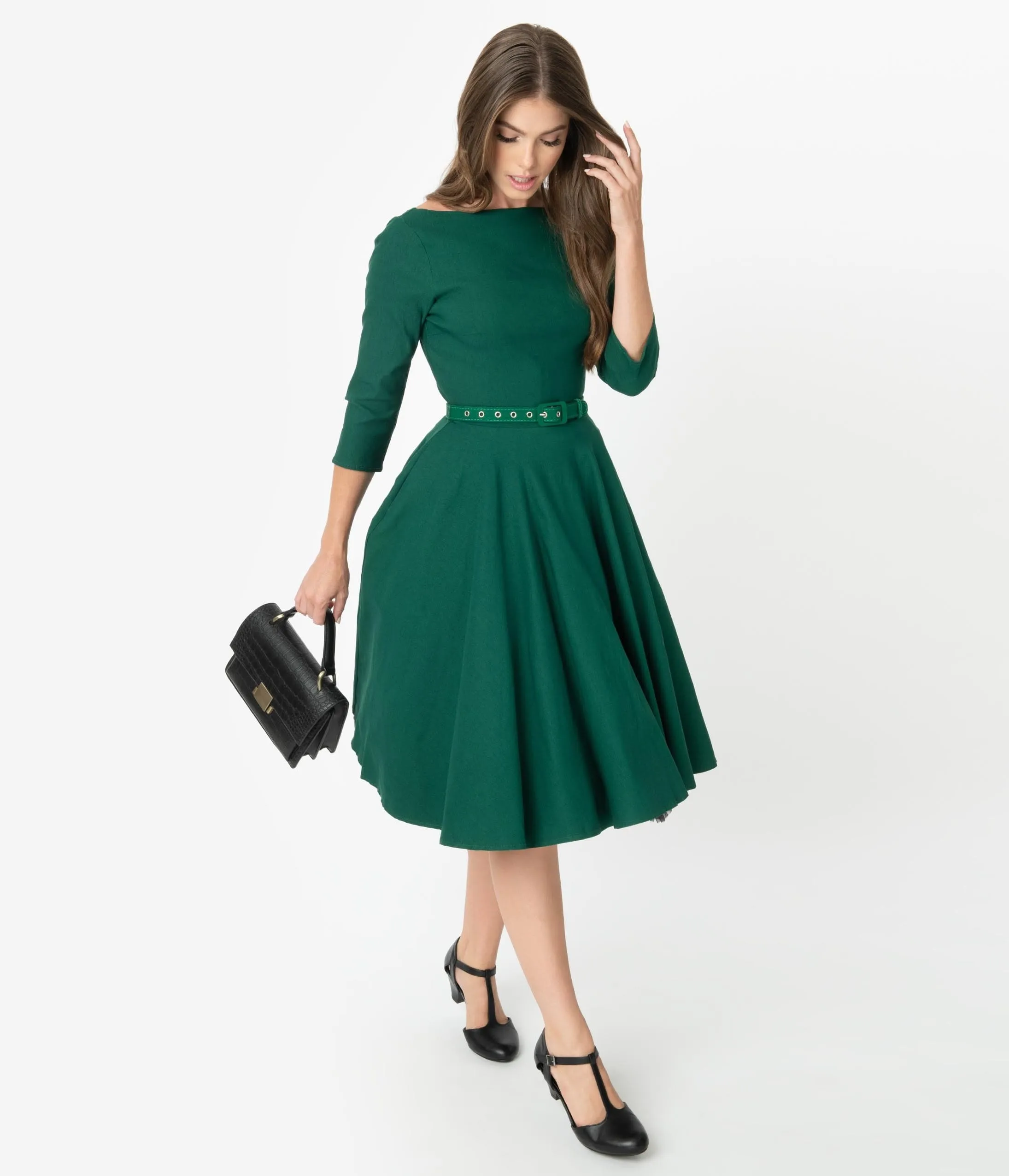 Unique Vintage 1950s Style Emerald Green Stretch Sleeved Devon Swing Dress sold by Unique Vintage product image thumbnail 5