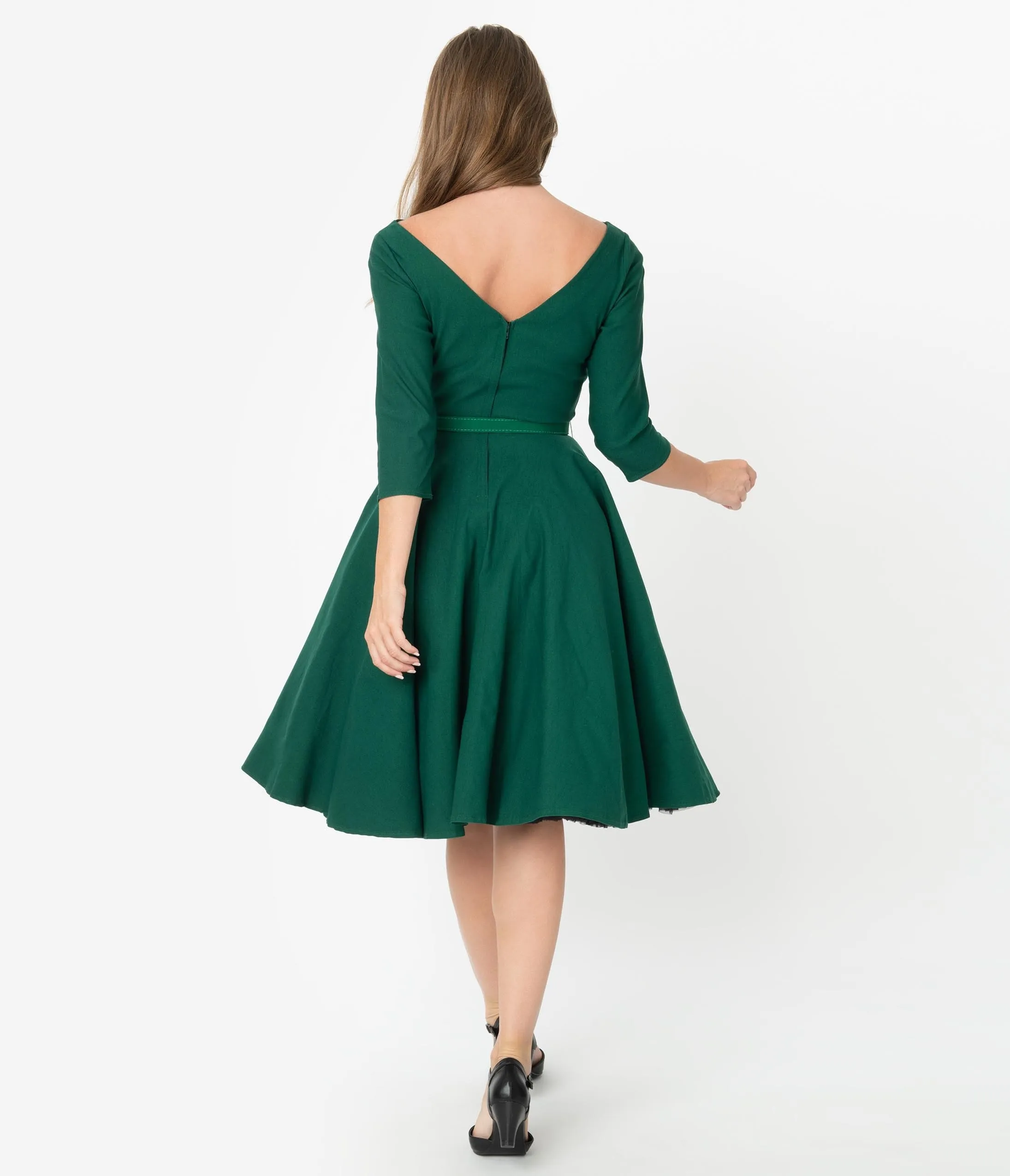 Unique Vintage 1950s Style Emerald Green Stretch Sleeved Devon Swing Dress sold by Unique Vintage product image thumbnail 2