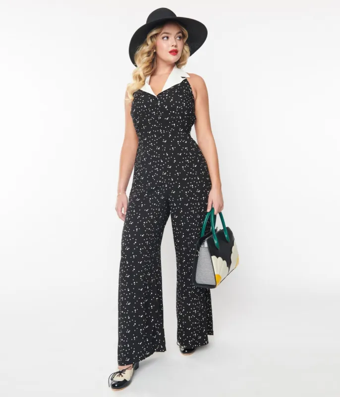 Collectif 1970s Black & White Dot Kalpana Jumpsuit sold by Unique Vintage