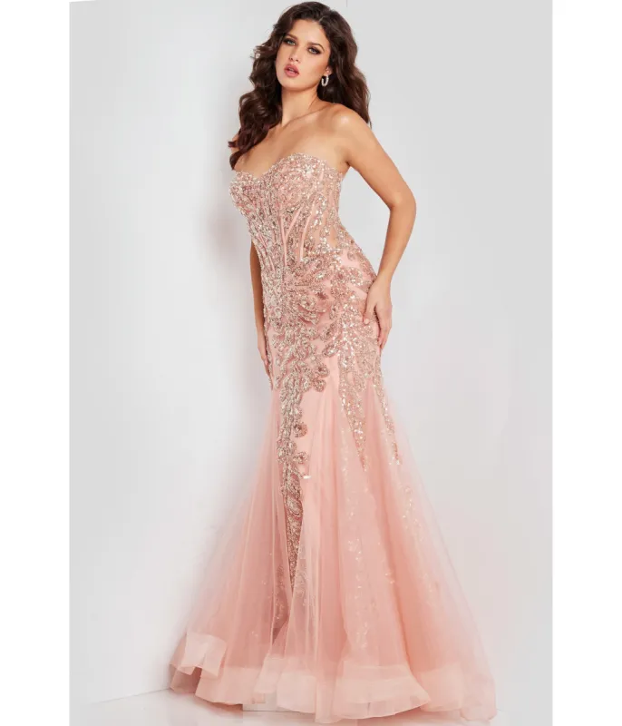 Jovani Blush Sequin Embellished Corset Trumpet Evening Gown sold by Unique Vintage