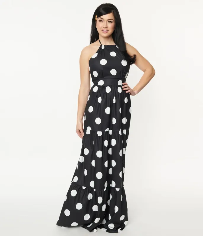 Black & White Polka Dot Halter Maxi Dress sold by Unique Vintage
