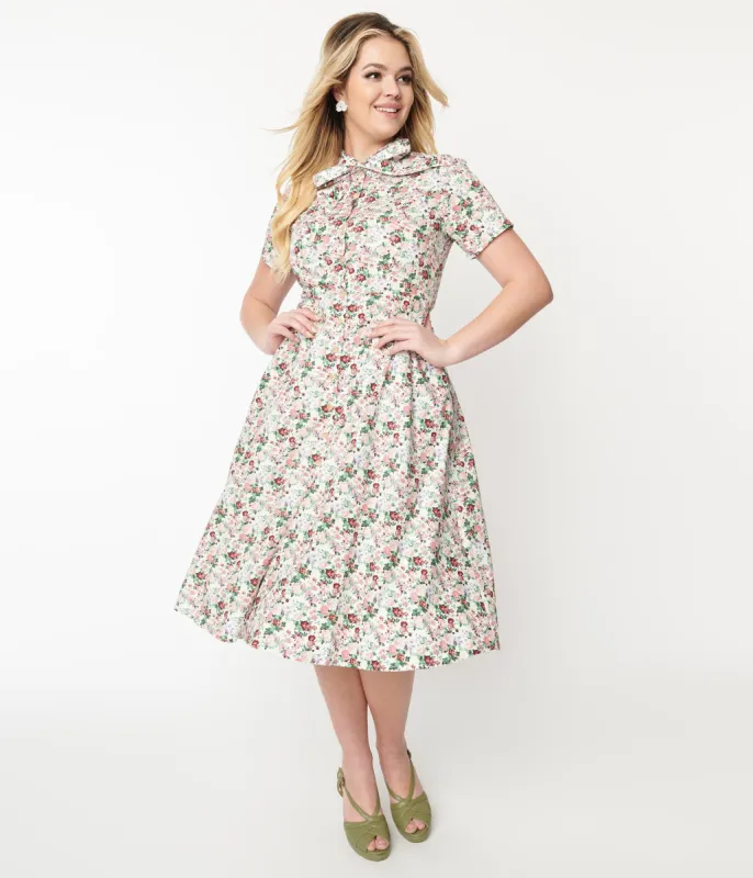 1940s Pink Floral Button Front Swing Dress sold by Unique Vintage