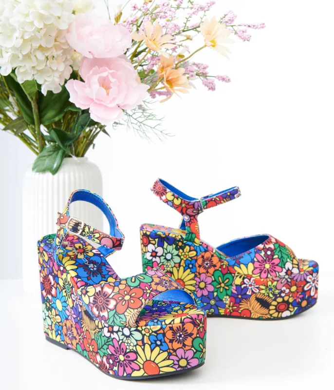 1970s Rainbow Mod Floral Platform Wedges sold by Unique Vintage