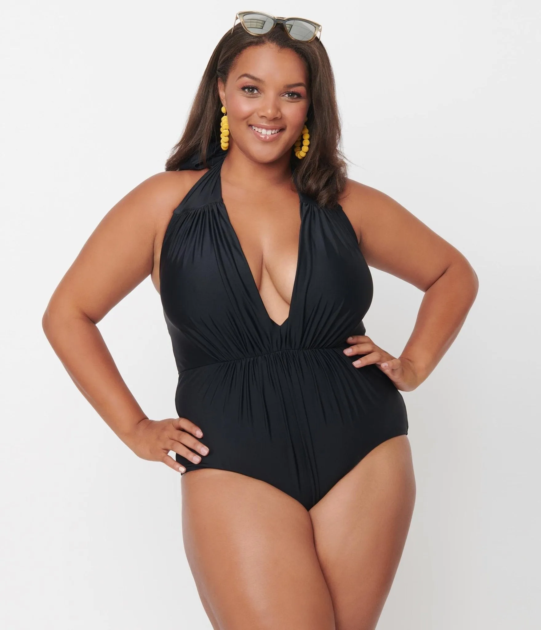 Unique Vintage Plus Size Black Halter Shirred Derek One Piece Swimsuit sold by Unique Vintage