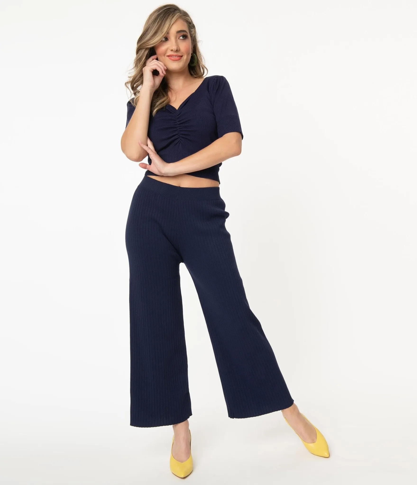 1970s Style Navy Blue Rib Knit Wide Leg Pants sold by Unique Vintage product image thumbnail 4