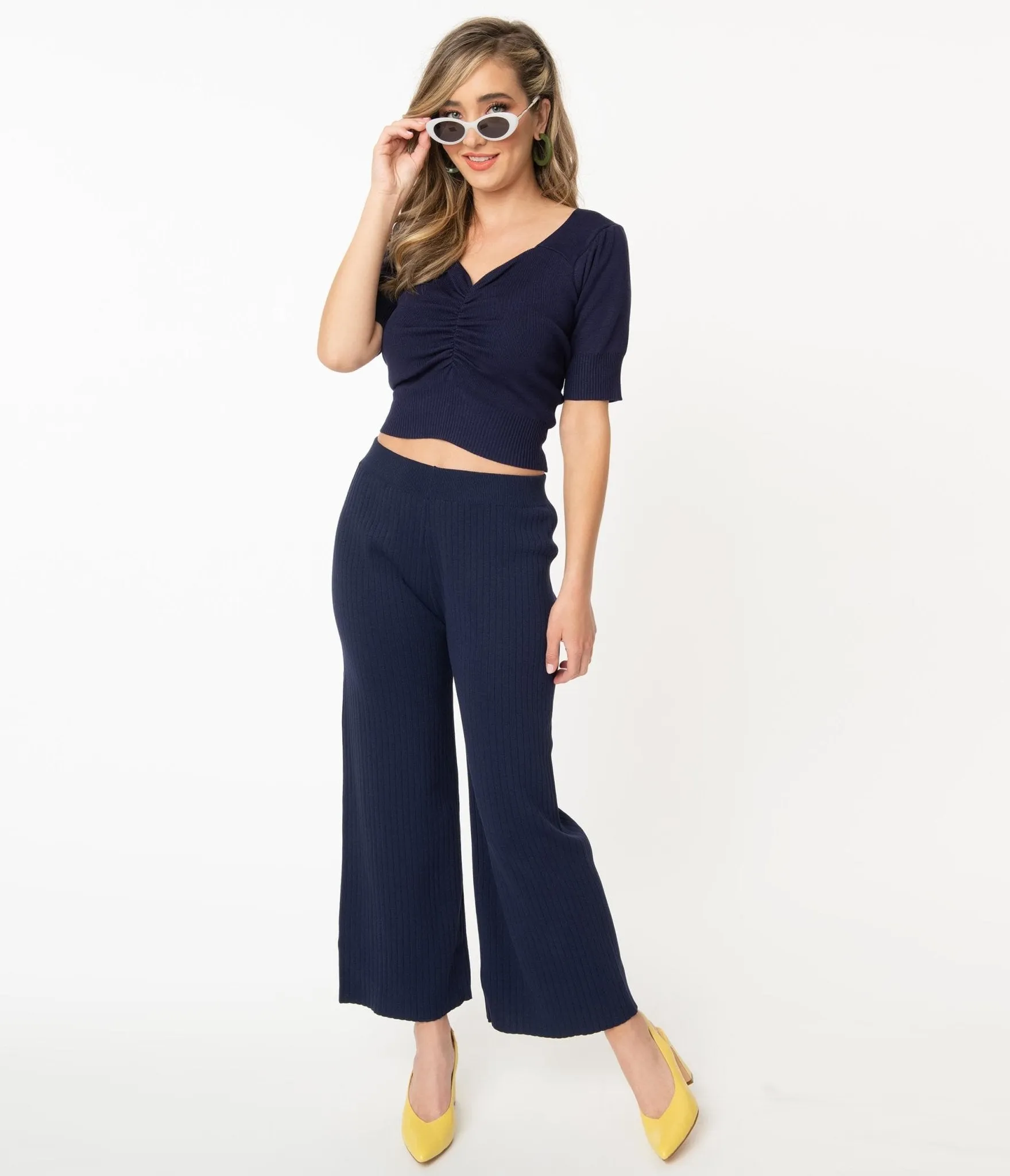 1970s Style Navy Blue Rib Knit Wide Leg Pants sold by Unique Vintage