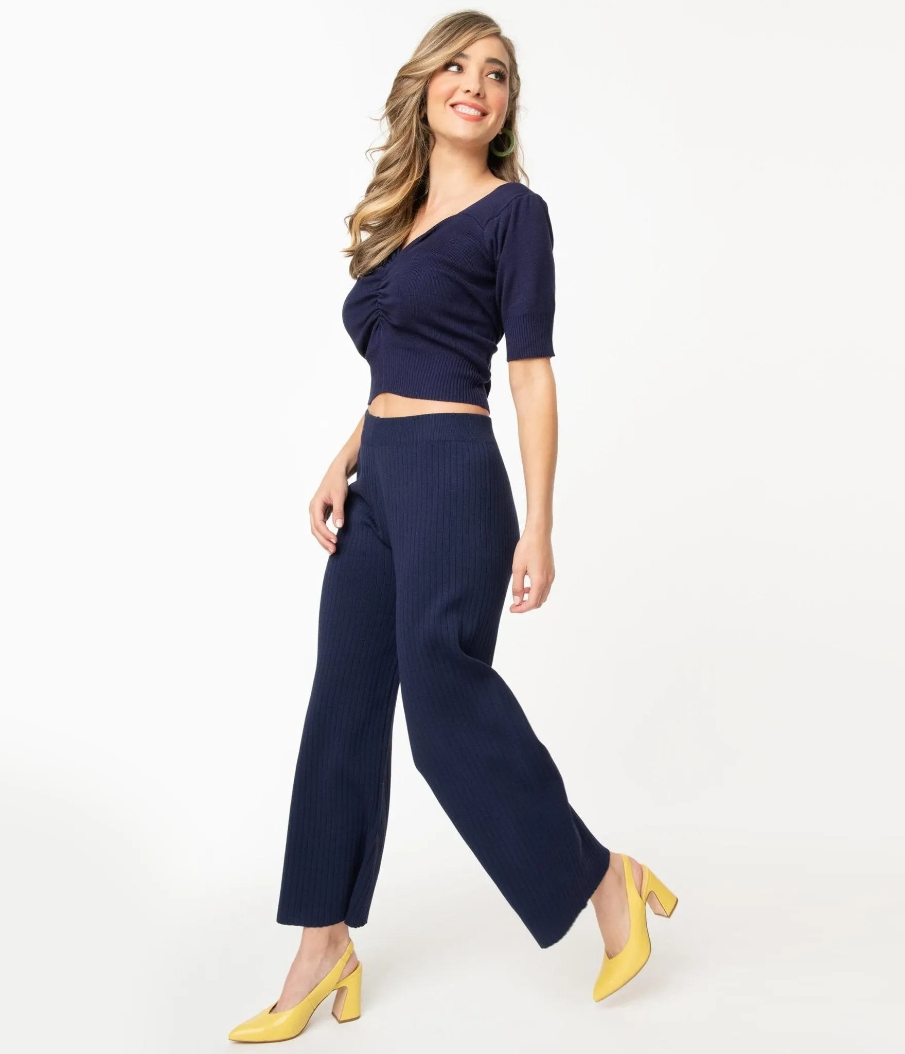 1970s Style Navy Blue Rib Knit Wide Leg Pants sold by Unique Vintage product image thumbnail 5
