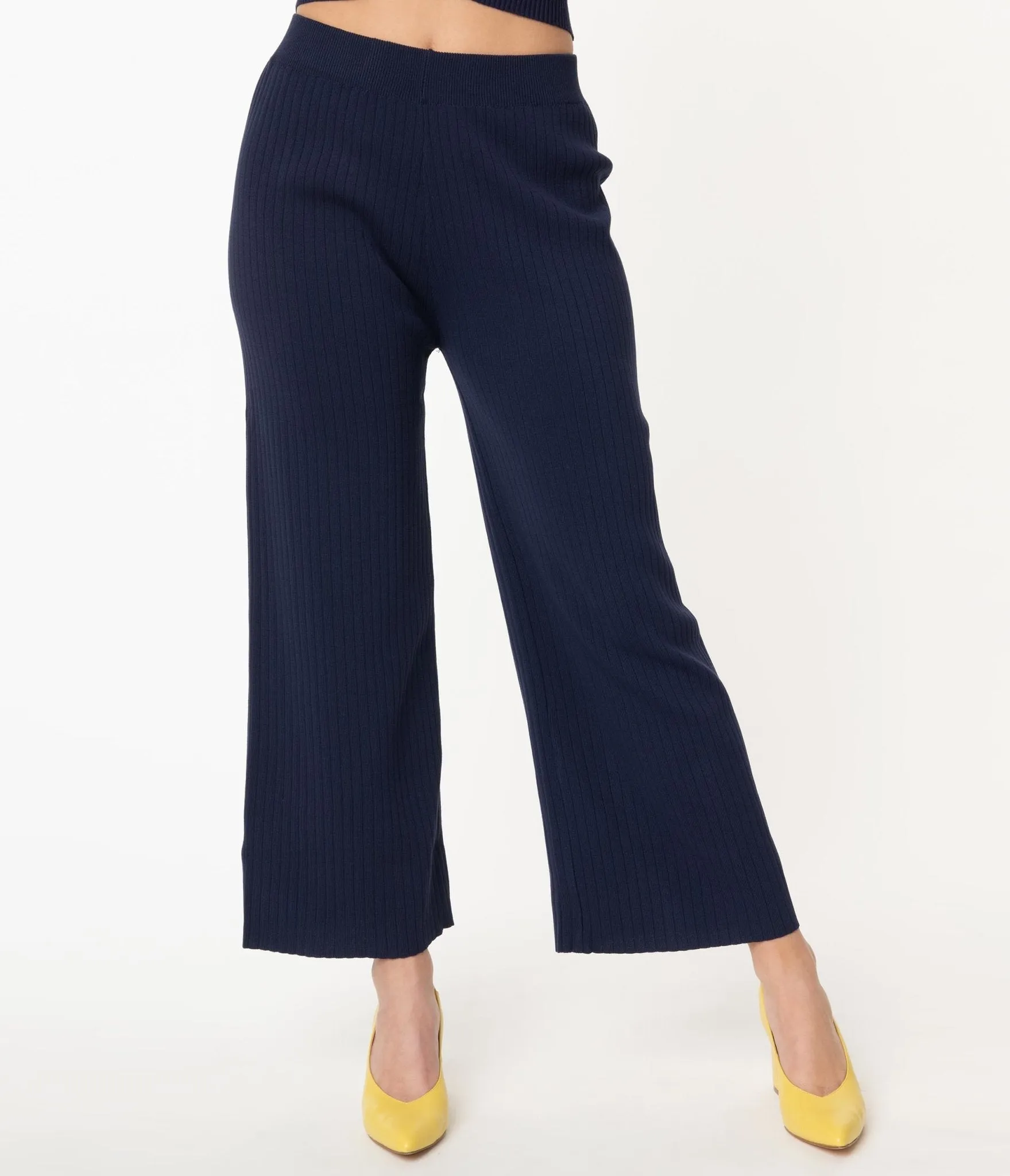 1970s Style Navy Blue Rib Knit Wide Leg Pants sold by Unique Vintage product image thumbnail 2