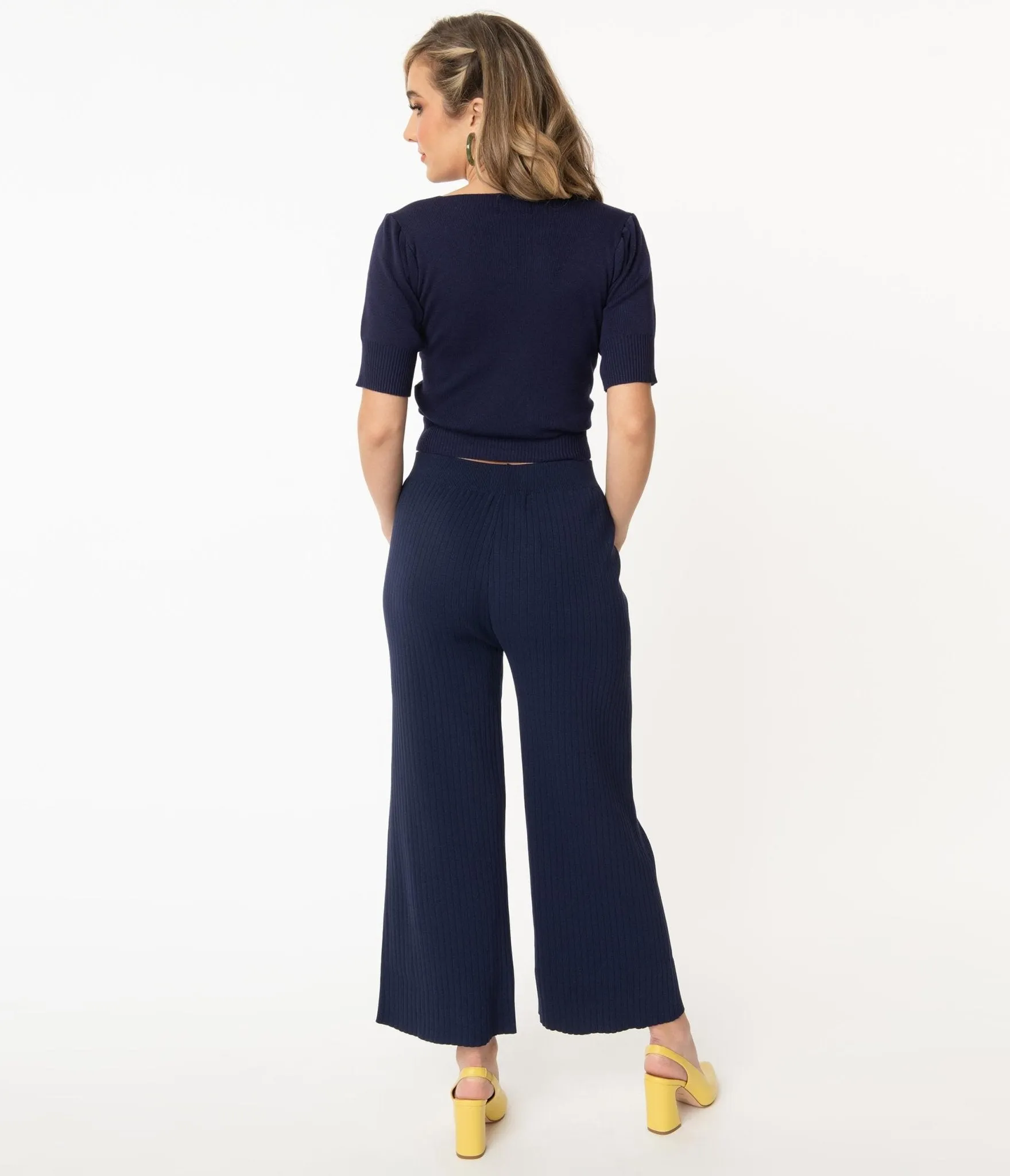 1970s Style Navy Blue Rib Knit Wide Leg Pants sold by Unique Vintage product image thumbnail 3