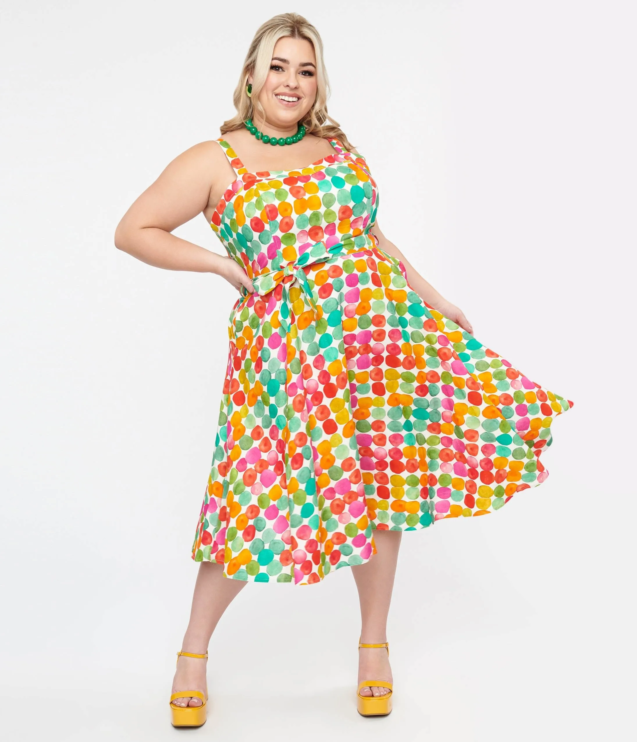 Plus Size 1950s Rainbow Watercolor Polka Dot Lori Swing Dress sold by Unique Vintage
