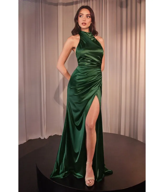 Ladivine by Cinderella Divine Deep Emerald Fitted Satin Halter Bridesmaid Dress sold by Unique Vintage