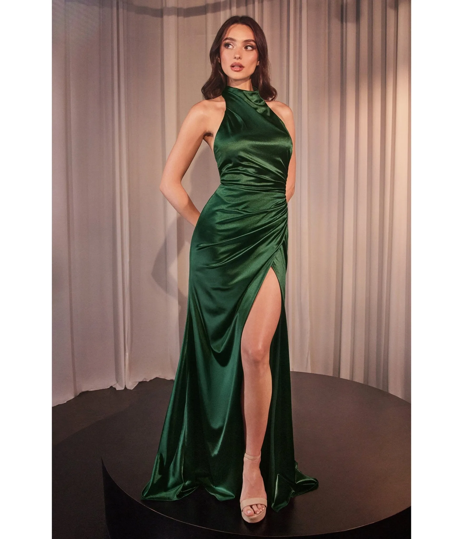 Ladivine by Cinderella Divine Deep Emerald Fitted Satin Halter Bridesmaid Dress sold by Unique Vintage