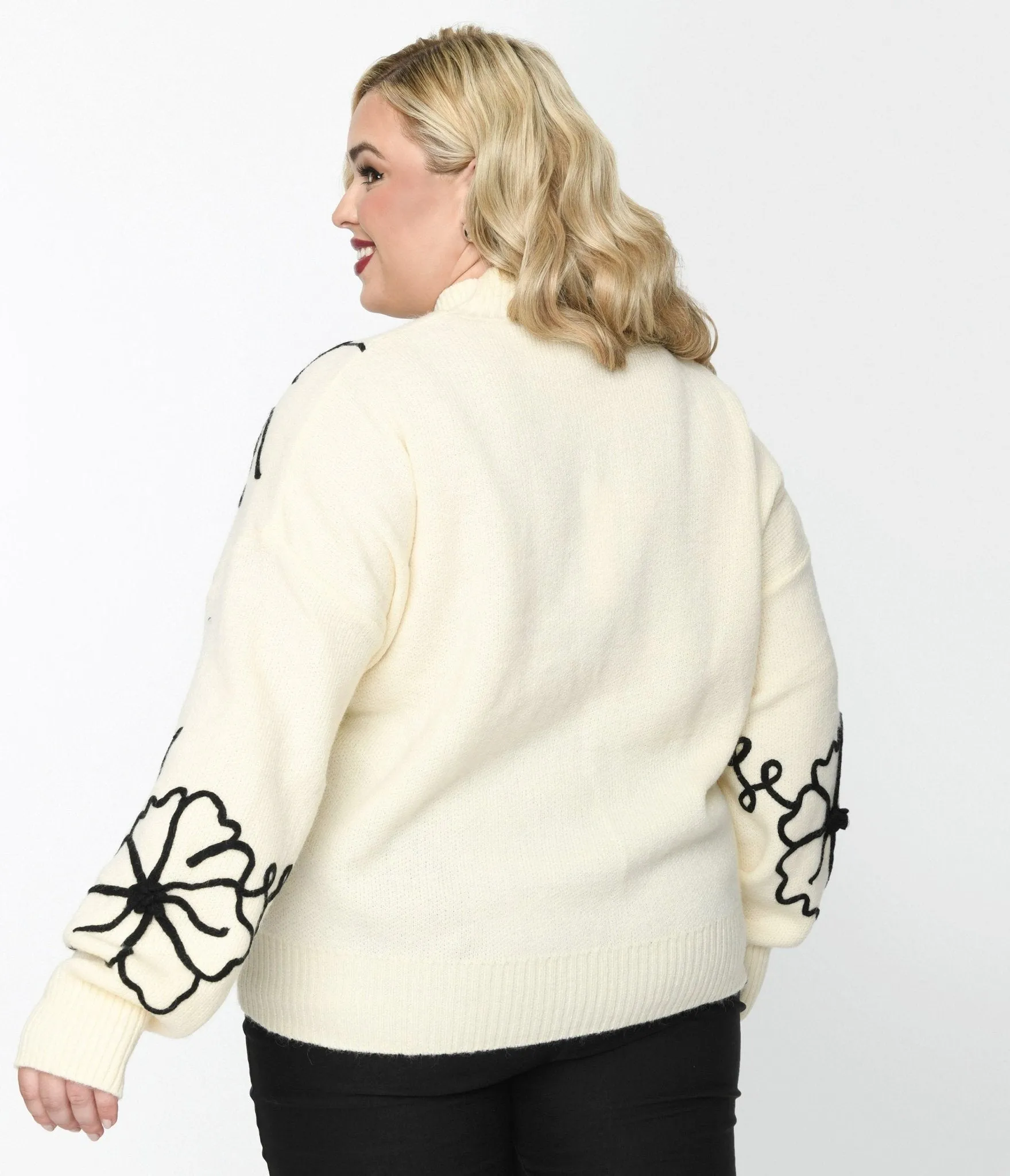 Plus Size Cream & Black Floral Embroidered Mock Neck Sweater sold by Unique Vintage product image thumbnail 3